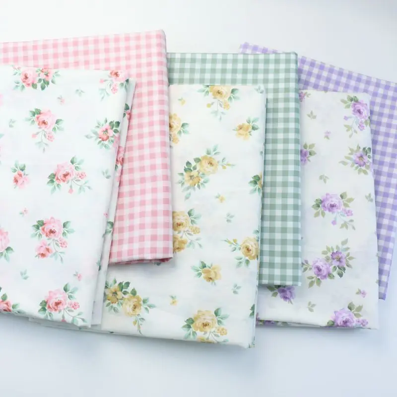 235x50cm Pastoral Pink Purple Rose Floral Plaid Printed Fabric Home Textile Decorative Fabric Cotton Sewing Cloth