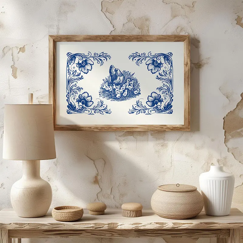 Delft Blue Cat Duck Hen Vintage Poster Dutch Tiles Drawing Antique Room Home Decor Canvas Painting Farmhouse Wall Art Pictures