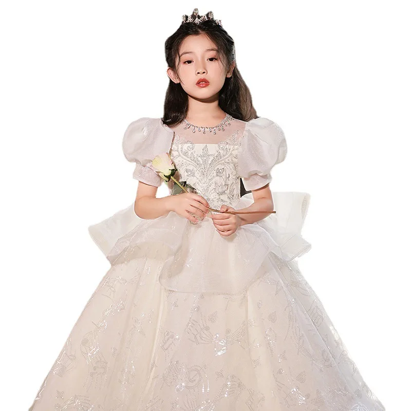 Sequins Girls Dress for Party Wedding White Long Sleeve Dress Formal Children Retro Princess Pageant Gown Kids Dresses for Girls