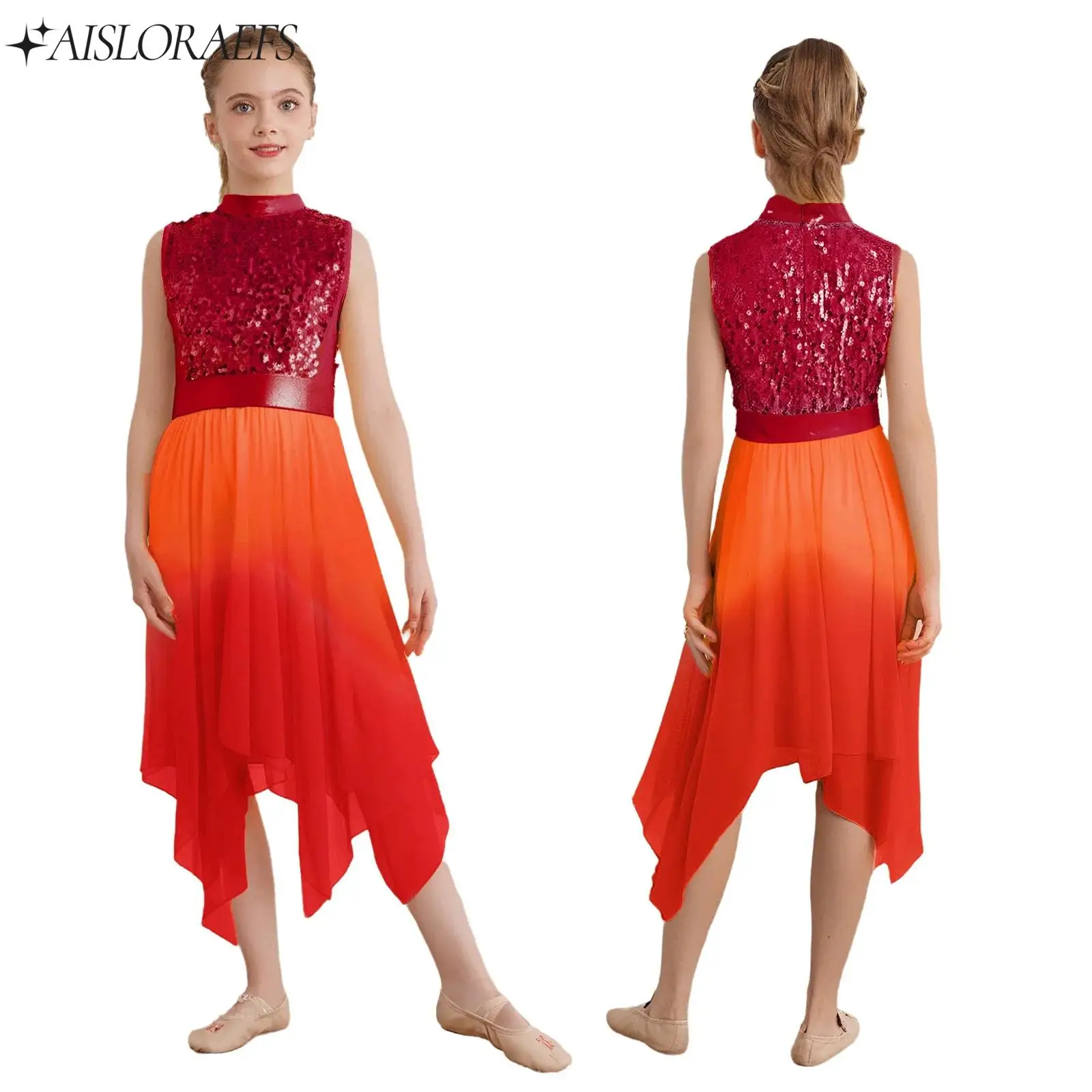 

Girl Liturgical Worship Praise Dance Tunic Dress Lyrical Contemporary Dancewear Sleeveless Asymmetrical Hem Sequins Bodice Dress