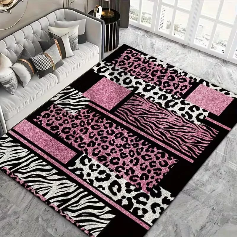VIKAMA Leopard Zebra Carpet Leopard Pink White Black Carpet Modern Animal Print Geometric Living Room Rug Bedside Rugs Home