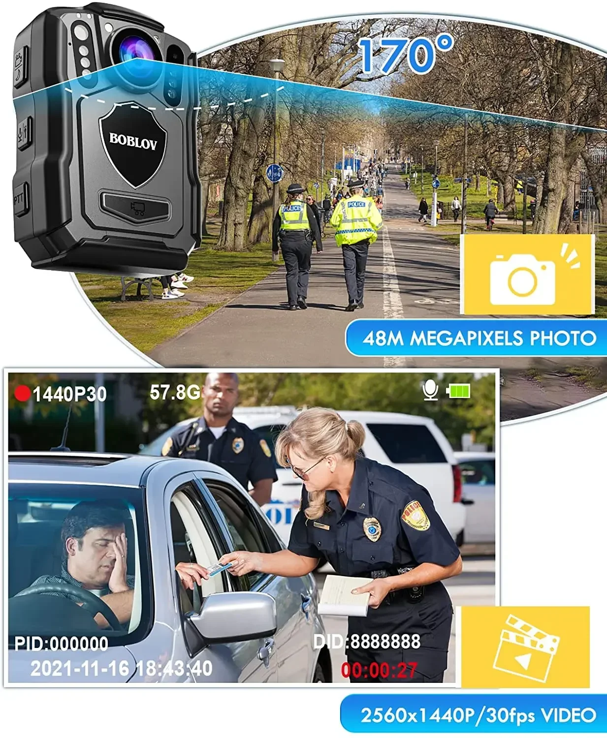 BOBLOV M5 Police Body Camera GPS Recorder 1440P Body Mounted Cam 256GB Body Camera Night Vision IR IP67 Dashcam Car Suction Cam