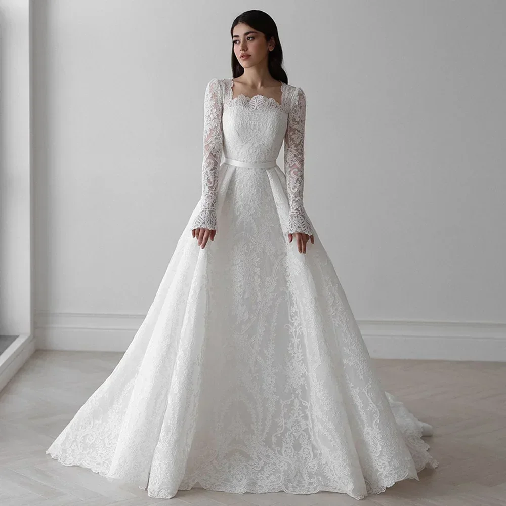 Precioso Vestido De novia De encaje De manga larga para novia, Vestido De novia con cola desmontable y cuello cuadrado, Vestido De novia personalizado