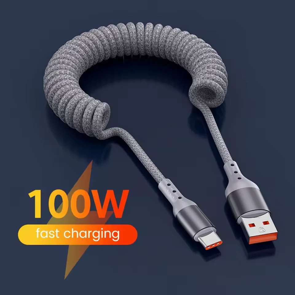 100W USB Type C Spring Car Fast Charging Cable For Samsung Huawei Xiaomi 60W Type C Data Cord For iPhone 15 One Plus USB C Wire