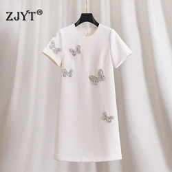 ZJYT Runway Fashion Summer Dresses for Women Beading Butterfly Loose Black Dress Casual Party Vestidos Elegant Short Sleeve 2024