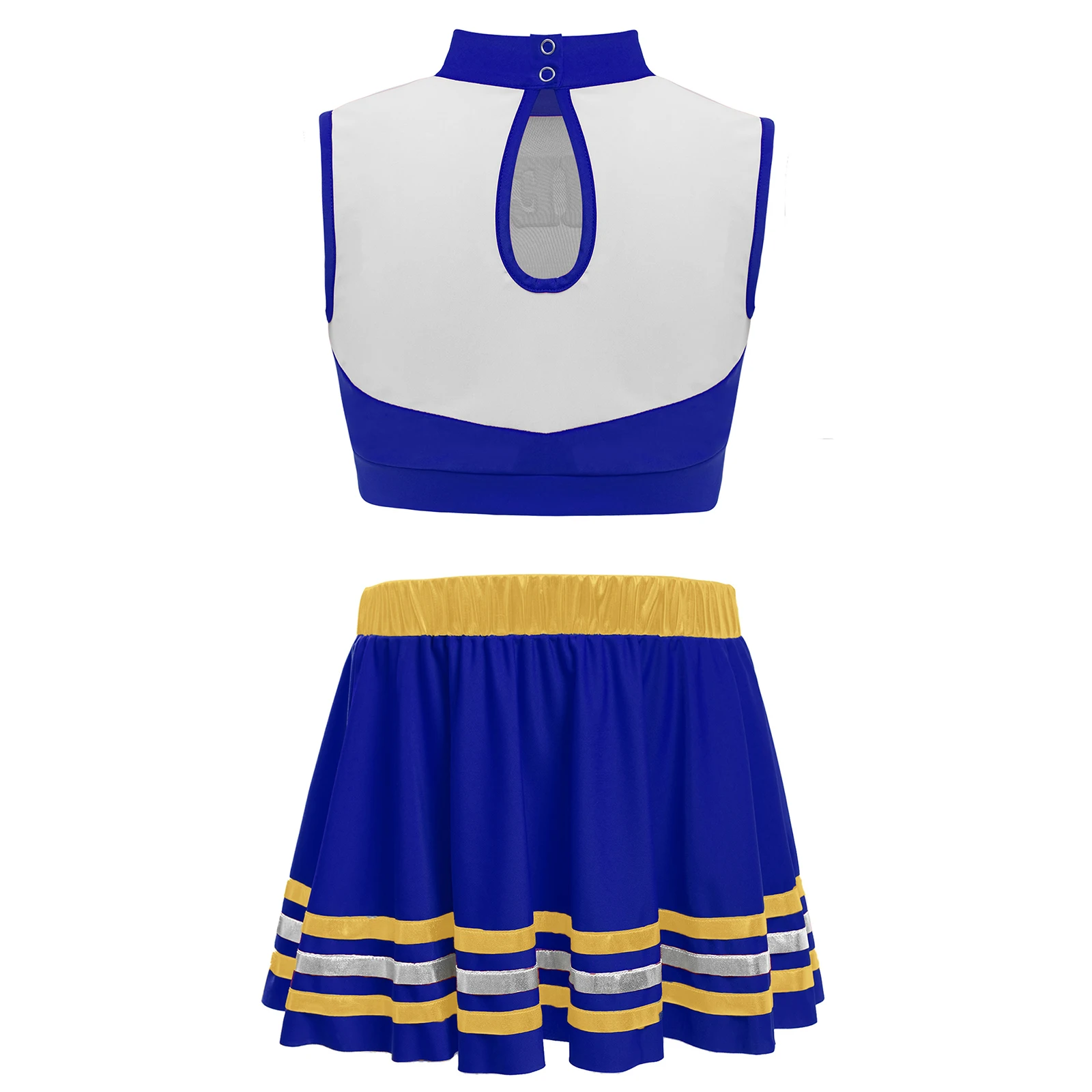 Cheerleading-Tanzkostüm für Kinder, Mädchen, 2-teilig, mit Buchstaben bedruckt, Farbblock, Schlüsselloch-Rücken, Tank-Crop-Top + Rock mit metallischem gestreiftem Saum