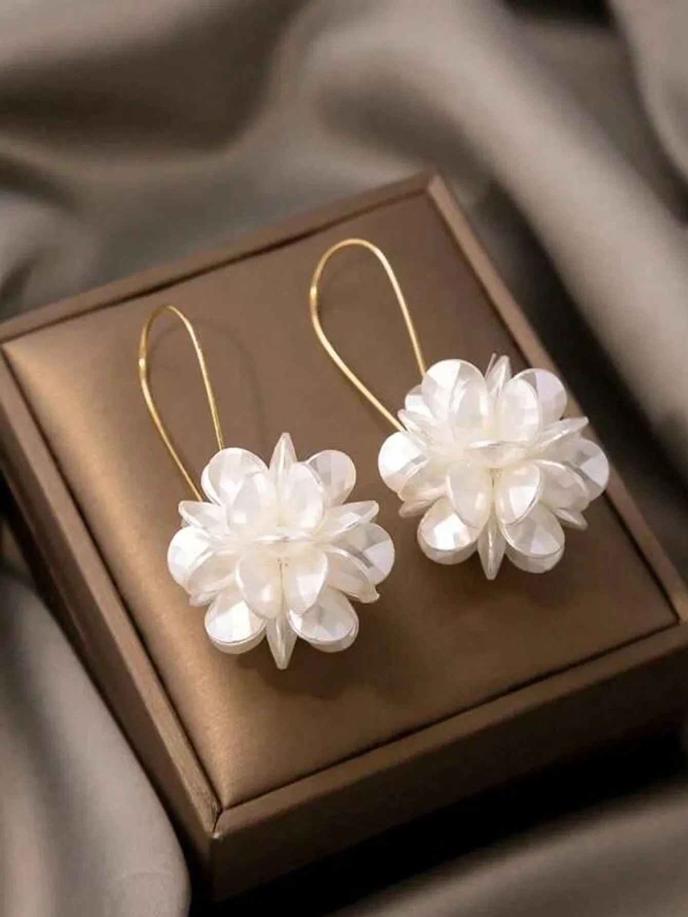 

Long Floral Ball Drop Earrings White Petal Geometric Studs