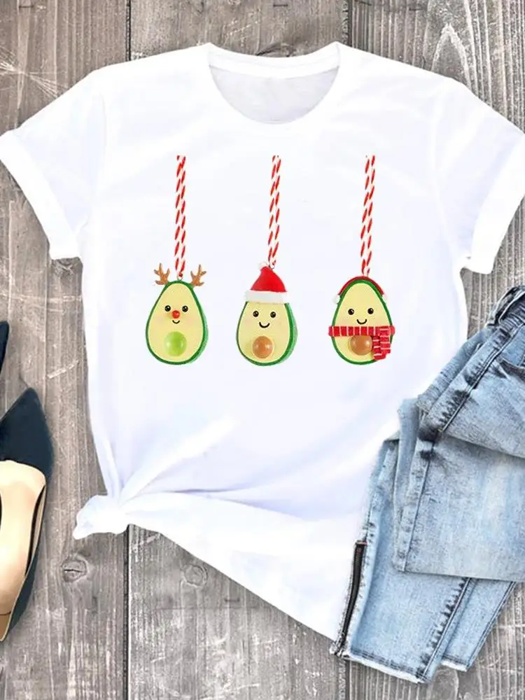 

Women Clothes Print O-neck New Year Graphic T-shirt Lady Avocado Trend 90s Cute Casual Female Christmas Fashion Shirt Tee