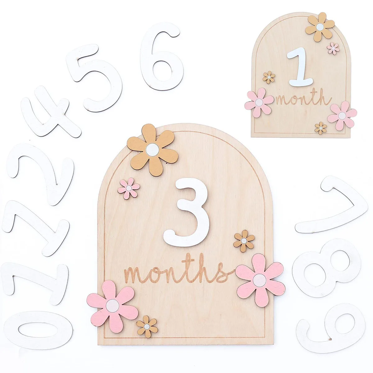 Wooden Baby Monthly Milestone Cards 3D Flowers Double Sides Girls Boys Newborn Photography Props Baby Milestone Photo Props