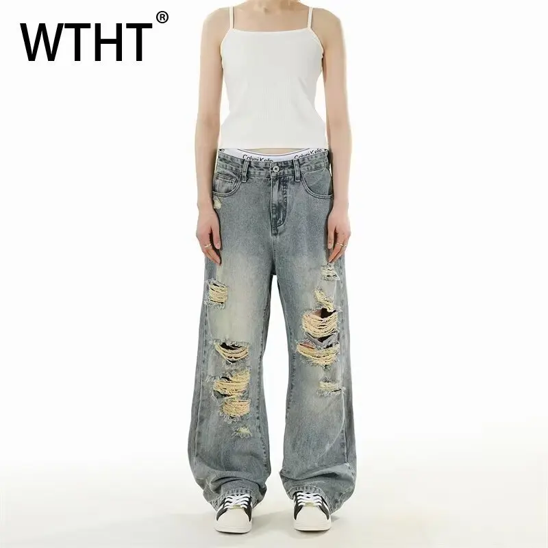 

WTHT Fashion Men's Hole Burr Edge American Style Denim Pants Vintage Straight Loose Wide Leg Jeans Male 2025 Summer 2A1124