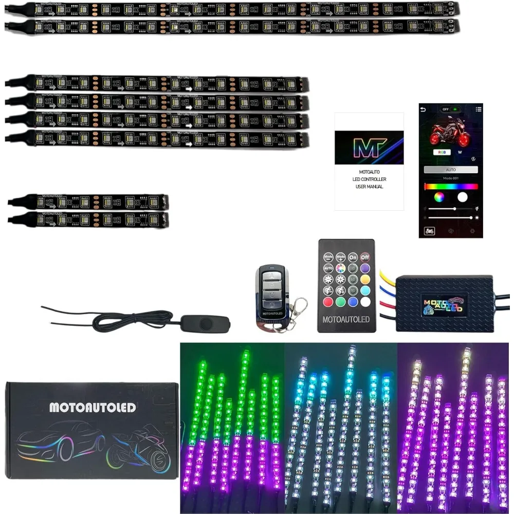 

8 Piece RGBW Motorcycle Underglow LED Kit with Brake Turn Signals Chasing Flow Waterproof Multicolor App Control