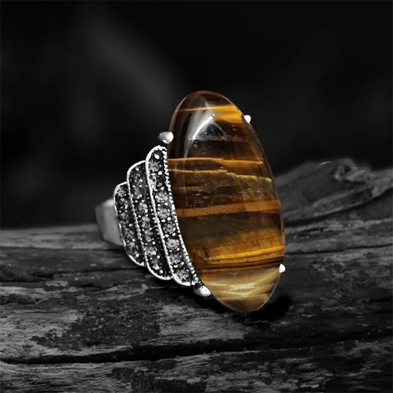 Vintage Eye Shape Natural Tiger Eye Rings For Women Antique Silver Plated Crystal Fashion Natural Stone Ring Free Shipping