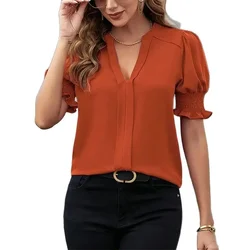 Summer Pleated Bubble Short Sleeve V Neck Pullover Shirt Women New Elegant British Style Blouse Female Commuter Solid Color Tops