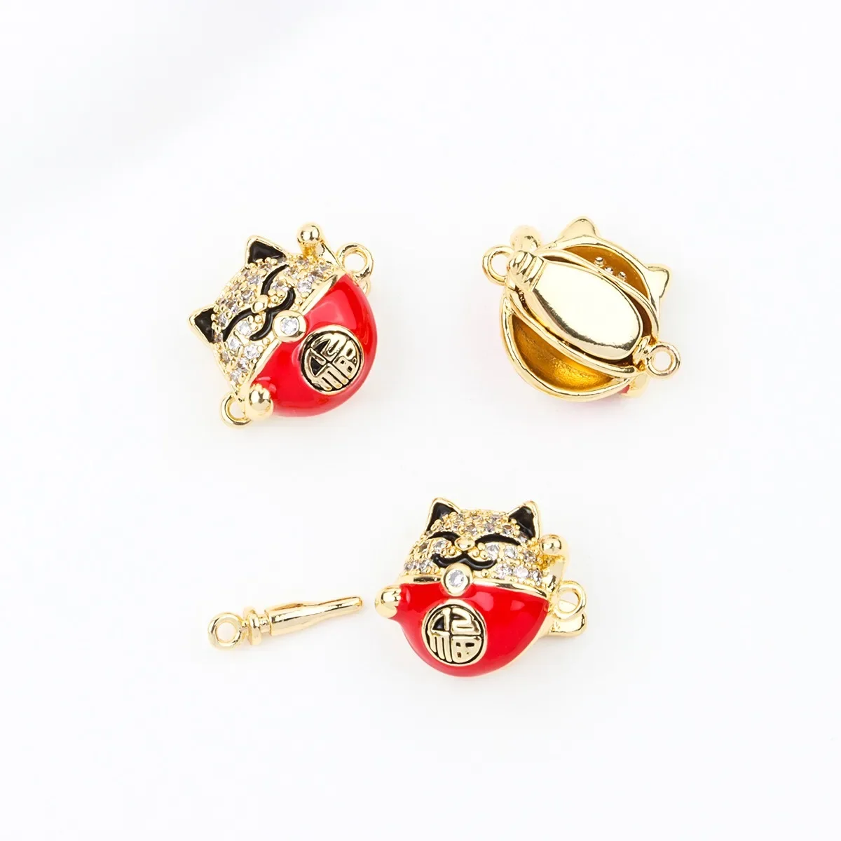 18K الذهب الحقيقي مطلي الزركون مطعمة محظوظ القط سبيكة مشبك ، النمط الصيني التوصيل عصا الصحافة مشبك DIY بها بنفسك الملحقات #5