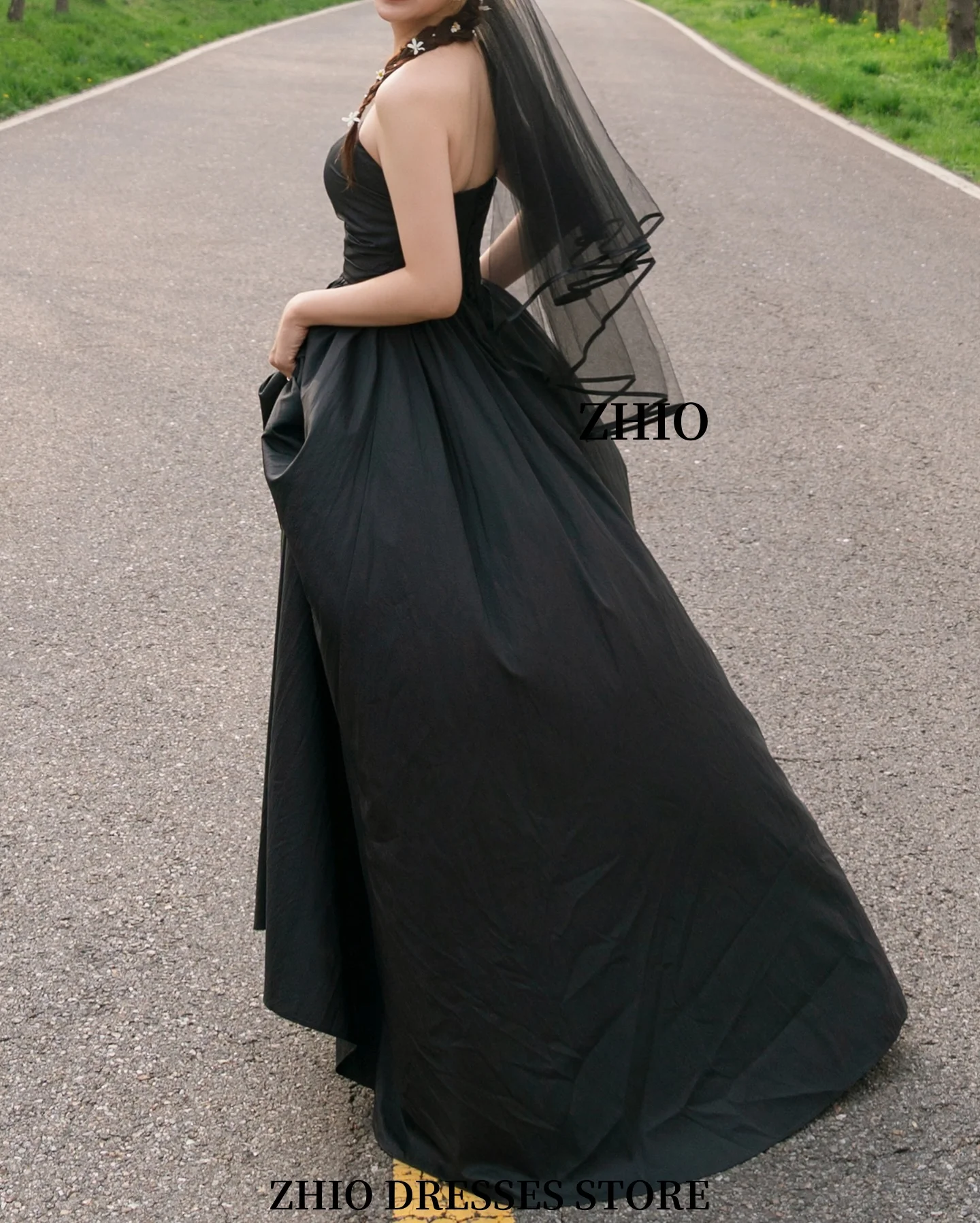ZHIO رومانسية الشاطئ الدانتيل الأسود الزفاف صورة تبادل لاطلاق النار تول ألف خط حمالة الكورية عطلة في الهواء الطلق تنورة طويلة مخصصة
