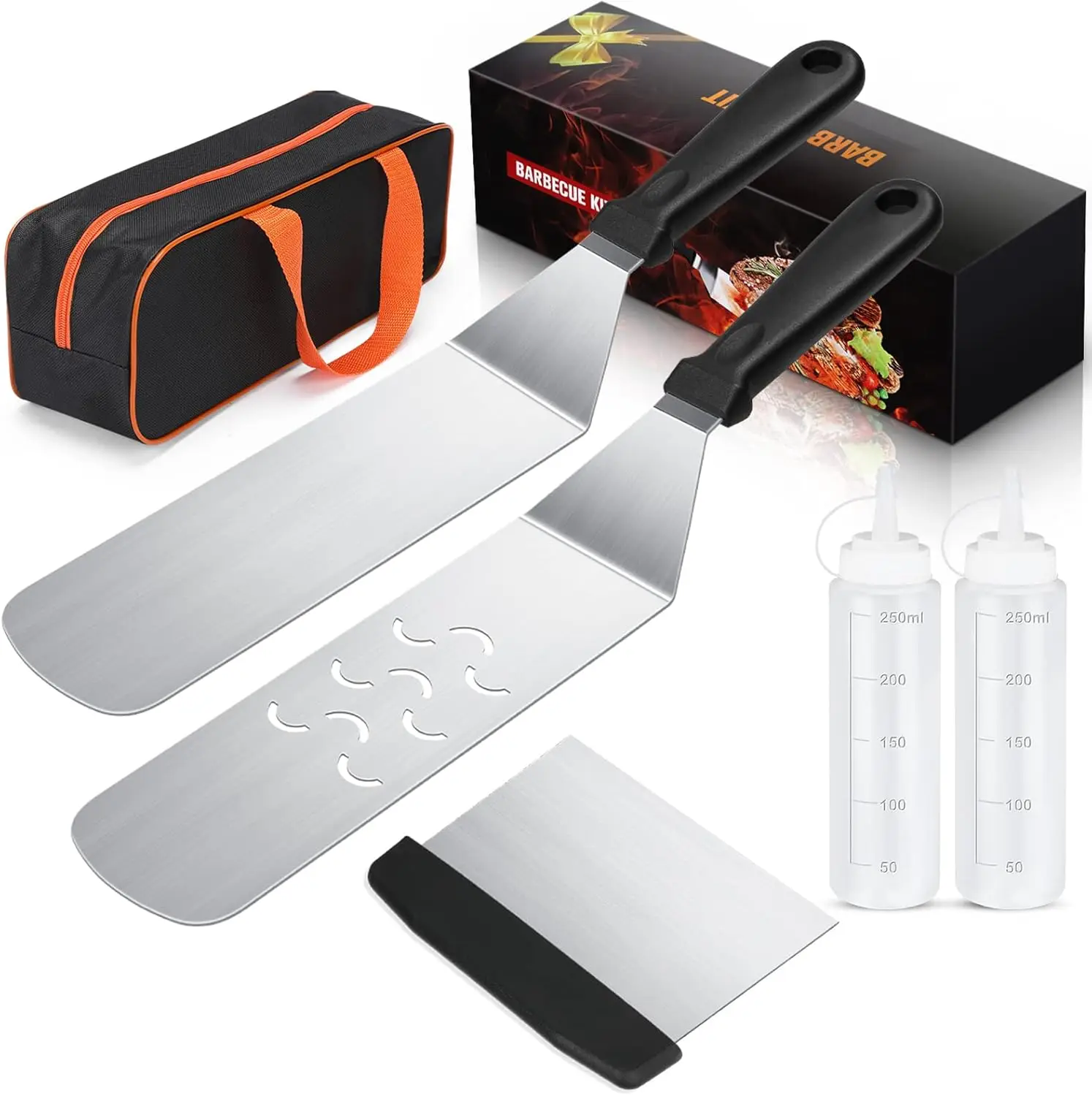 

6-Piece Griddle Kit for Blackstone & Camp Chef – Stainless Tools, Brush, Leak-Proof Bottles, Carry Bag