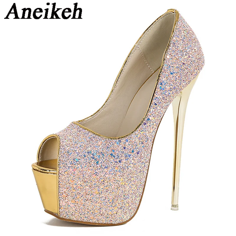 Aneikeh 2024 Fashion Sexy Platform Peep Toe Thin Heels Pumps Women Sequined Cloth Super High Heels Party Nightclub Zapatos Mules