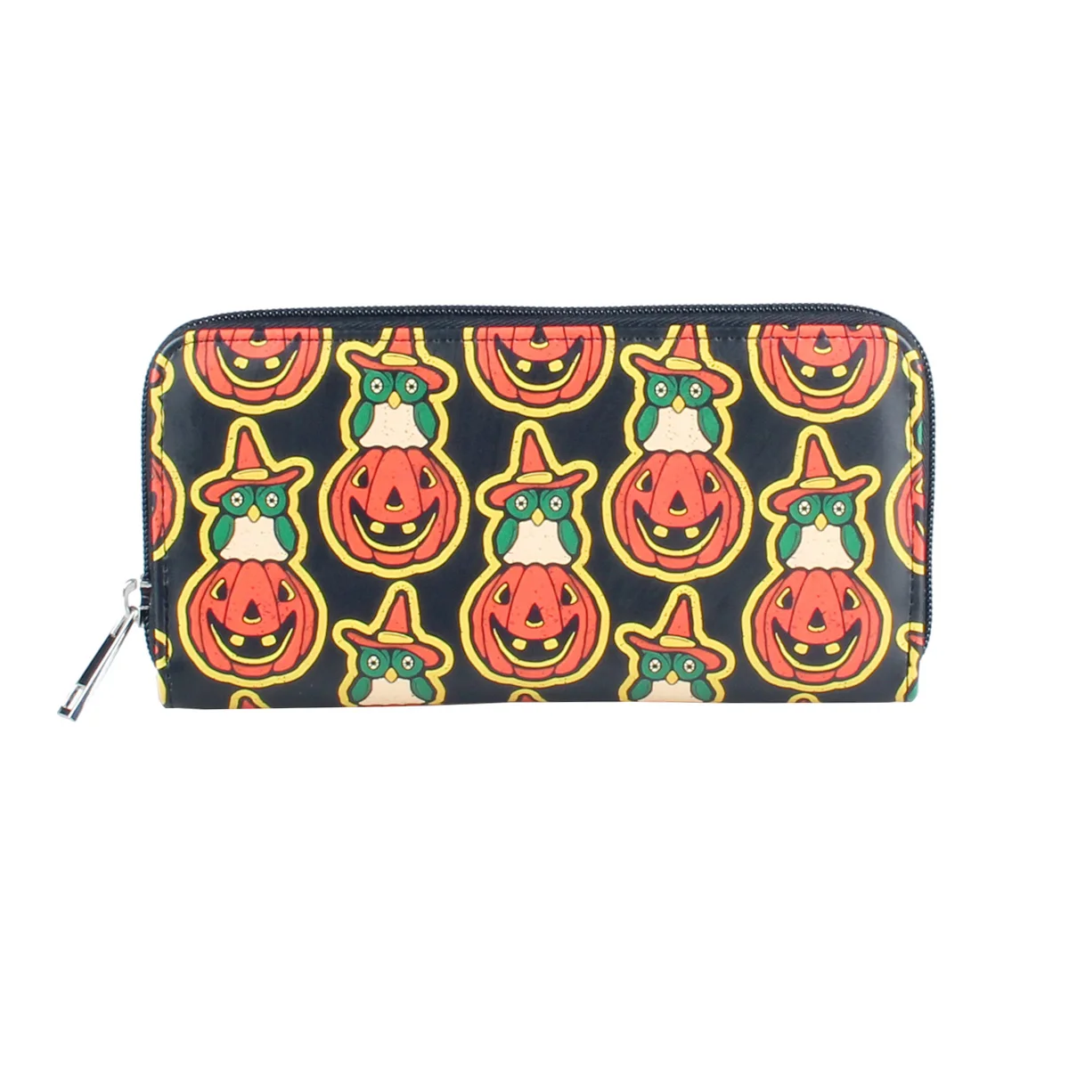 Halloween Pumpkin Print Long Wallet, Zipper Around Credit Card Holder, Gothic Clutch & Coin Purse For Women