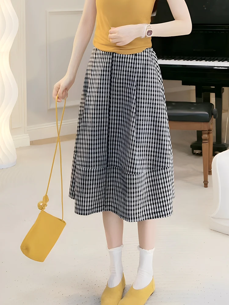 

Юбка OUDOCKEE с высокой талией, А-силуэт, женская, в клетку, элегантная, длинная, весна 2026, новый стиль, маленький размер, удобная для повседневной носки