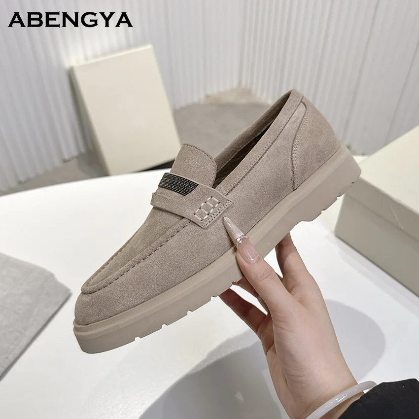 

2026 Autumn New Suede Flat Loafer Shoes Women Round Toe Mules Dress Shoes Designer Casual Party Vacation Walking Shoes For Women