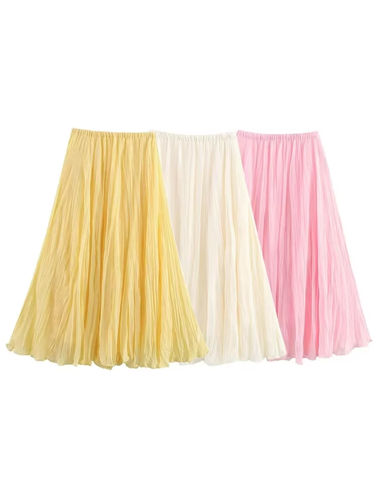 HH النساء 2025 موضة الأصفر مطوي ميدي تنورة عالية الخصر مرونة الخصر التنانير الصيف فضفاضة عادية الأمومة تول تنورة