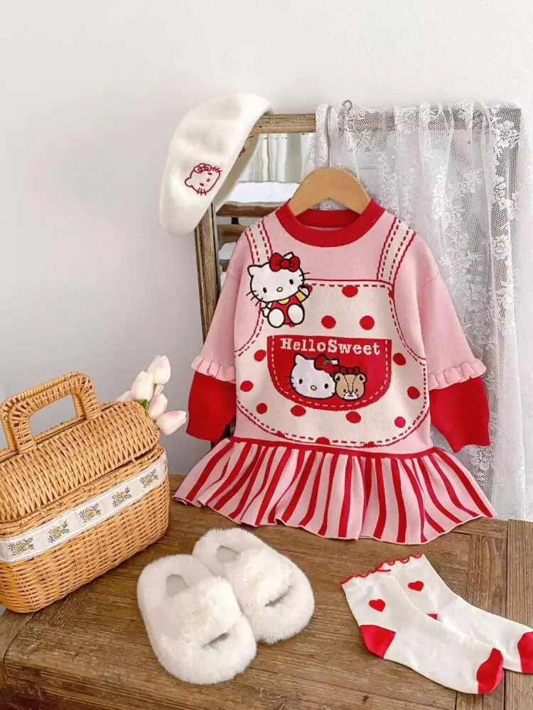 

Sanrio Hello Kitty Kawaii: осенне-зимнее милое двухслойное вязаное платье для девочек, стильная теплая шерстяная юбка, имитация двух предметов одежды