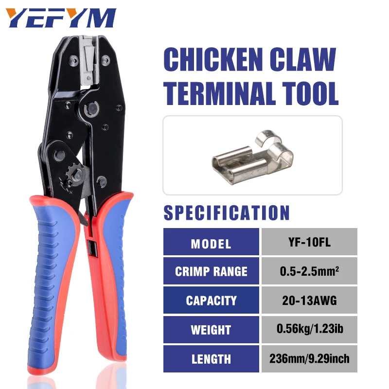 4.8/6.3 Plug-in Flag Welding Terminals L Shape Terminals Chicken Claw Type Crimping Tool YF-10FL AWG 20-13 (0.5-2.5mm²)