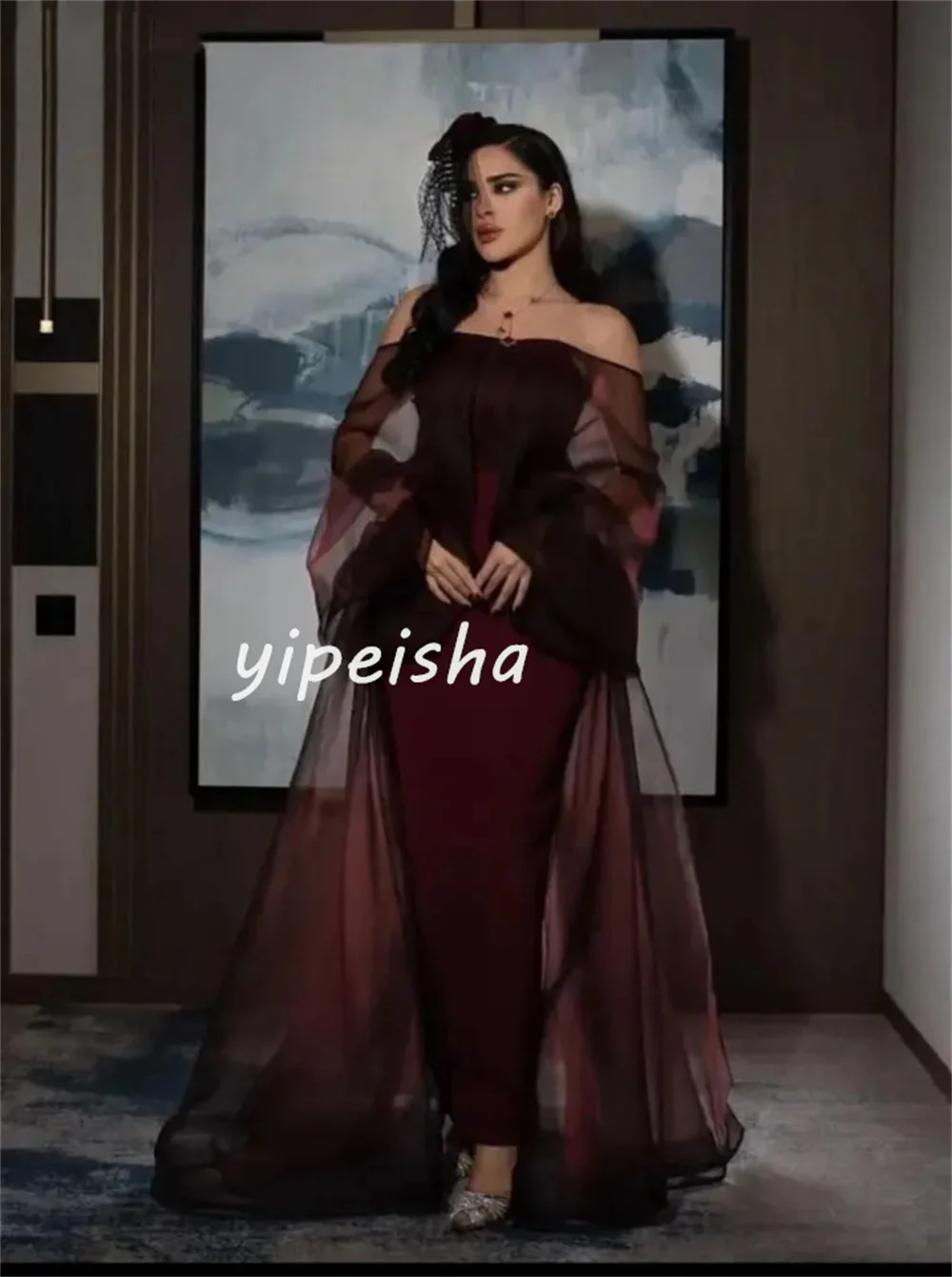 Customized Modern Style Sexy Jersey Pleat Ruched Sheath Off-the-shoulder Long Dresses Party Dresses Matching High Quality Sizes 