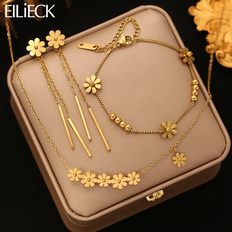 EILIECK 316L Stainless Steel Floral Flower Necklace Bracelets Earrings Set For Women Daily Trendy Waterproof Jewelry Gift
