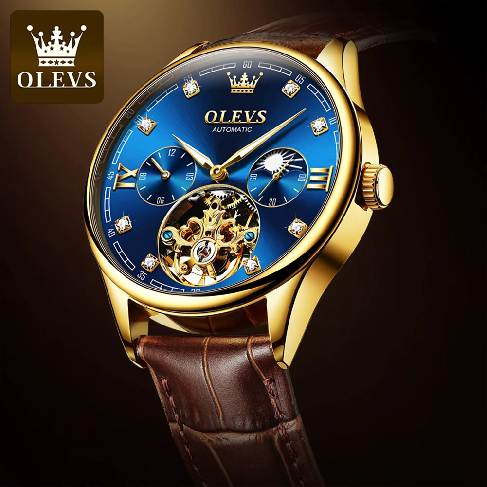 OLEVS 3601 Automatic Mechanical Movement Watch Hollow Flywheel Design Diamond Scale 30m Waterproof Luminous Leather Strap Watch