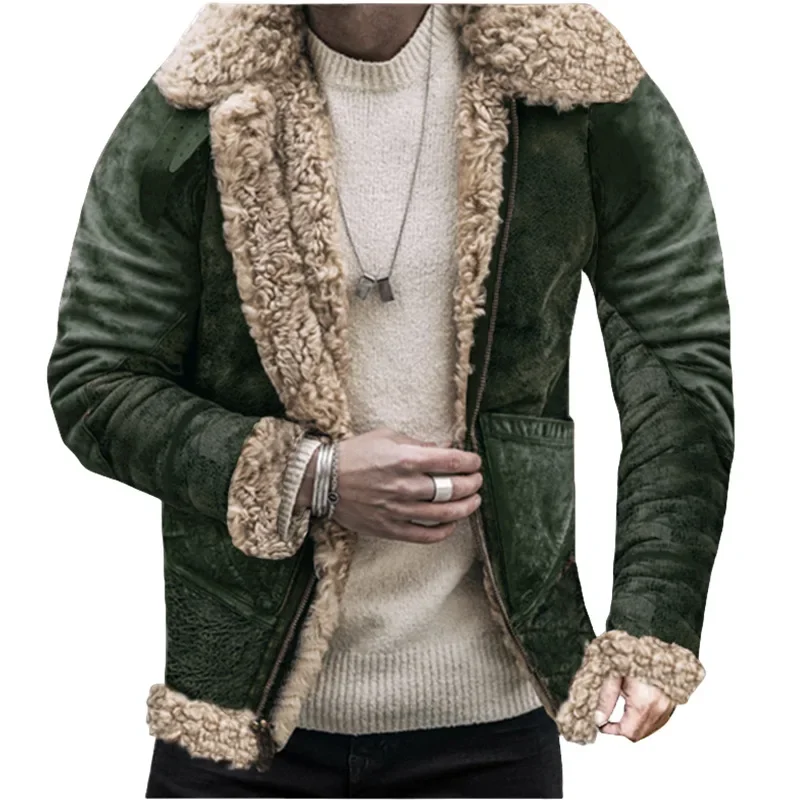 2023 Winter New Fur Integrated Men Jacket Thickened Imitation Velvet Printed Coat Large Size Fashion Warm Menswear Outerwear