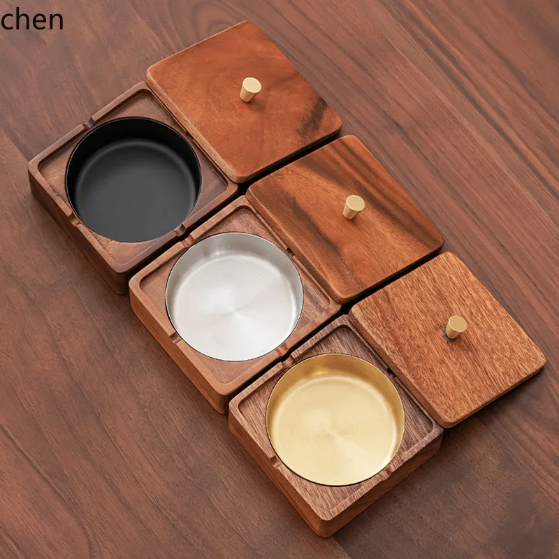 CZ Walnut Wood S  Ashtray, Anti-Ash Flying, Anti-Smoke Odor, Creative Household Wooden Ashtray with Lid and Stainless Steel