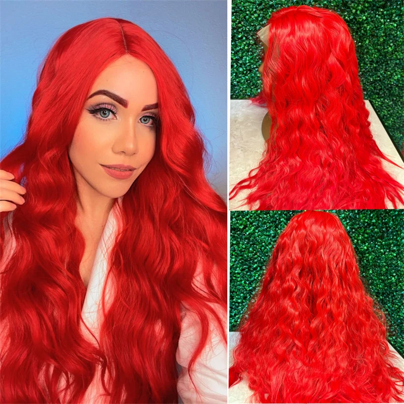 Wig merah panas sintetis renda depan Wig untuk wanita rambut gelombang tubuh alami tanpa lem garis rambut panjang sintetis Wig Cosplay harian