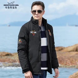 New Shark Men's Jacket Thickened Cotton Winter Clothes Embroidery Men's Loose Outdoor Cotton Coat Warm Big Size 4XL Black