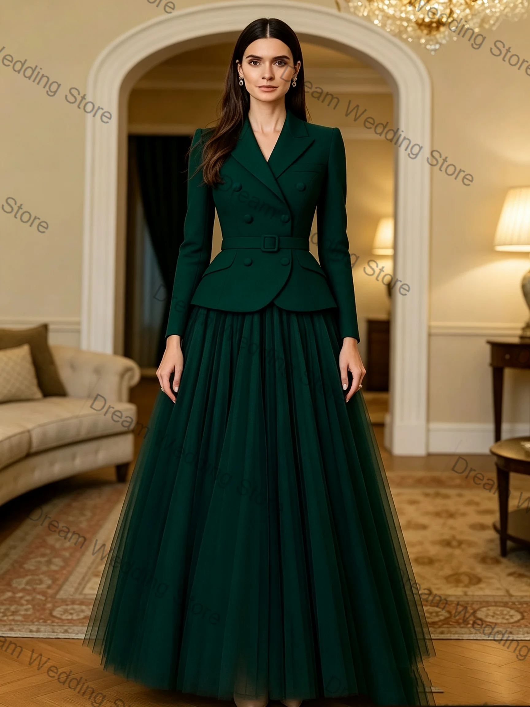 Green Women Suit Set 2 Pcs Blazer+Tulle Prom Dress Autumn Cotton Wedding Formal Office Lady Jacket Customized Bridal Guest Coat
