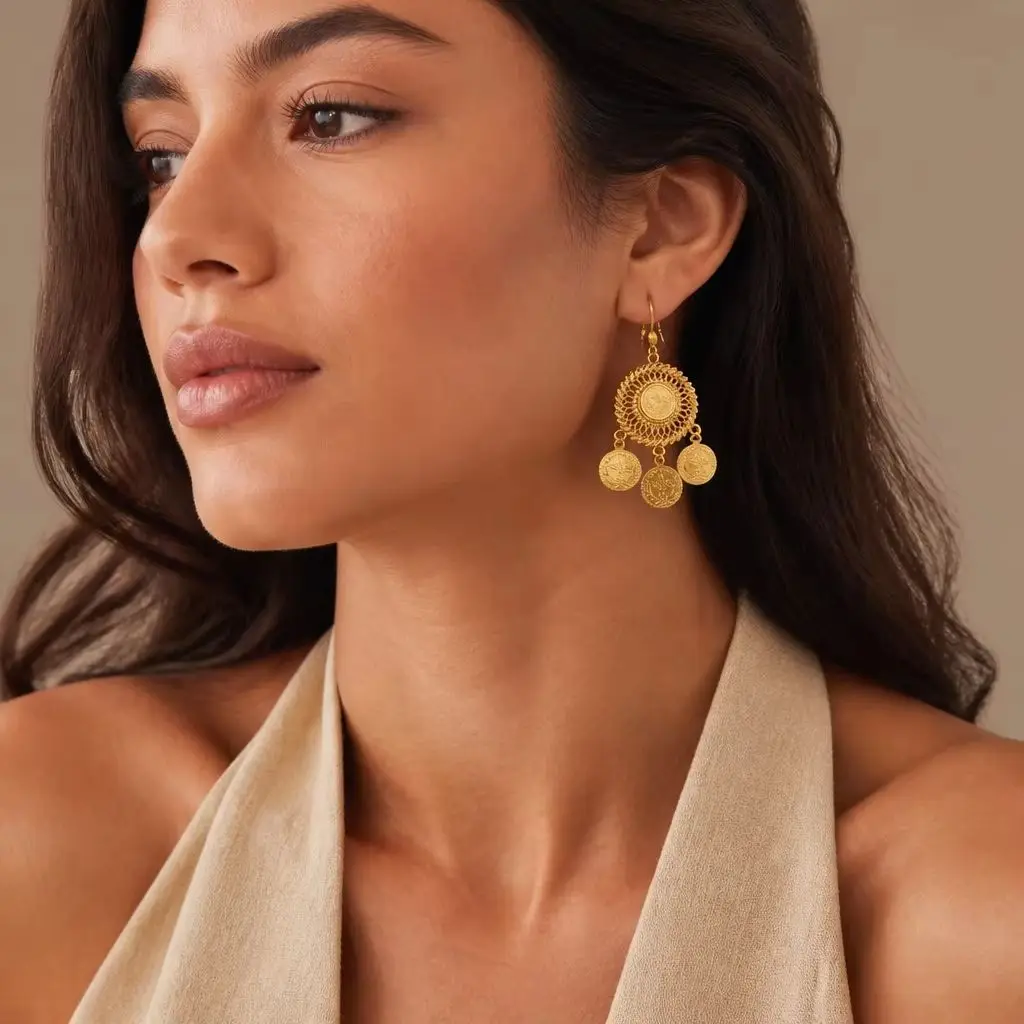 KDE Vintage Boho Ethnic Floral Earrings, Gold Plated Turkish Coin Fashion Accessories, Suitable for Weddings & Daily Wear #00479 view 5