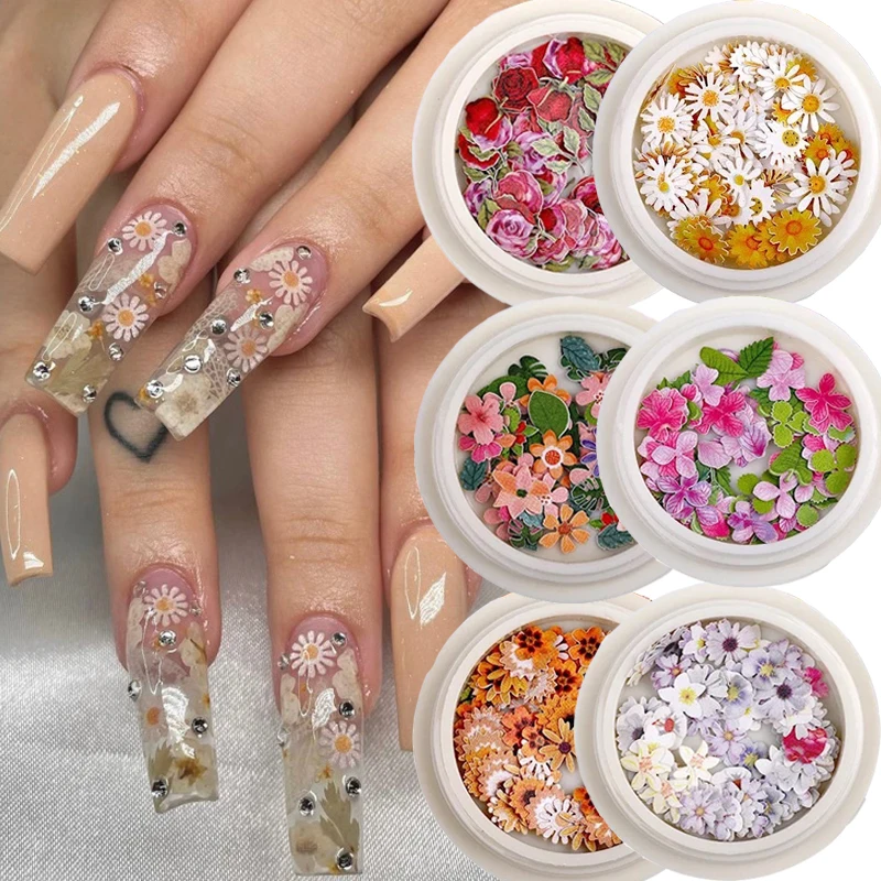 1 Jar 3D Flower Nail Stickers Y2K Holo Simulation Flower Leaf Nails Slider Mixed Glitter Flowers Sequin Decals For DIY Manicure*