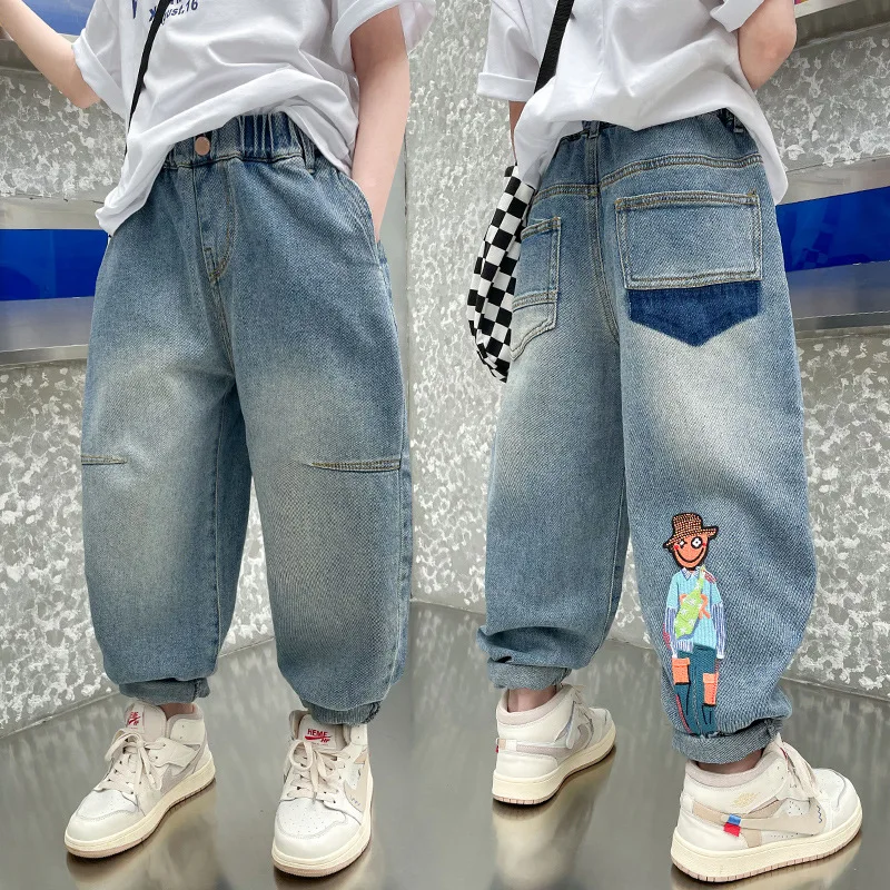 

Children Gradient Baggy Harem Jeans with Letter Print Boys Casual Distressed Denim Pants School Kids Spring Autumn Trousers