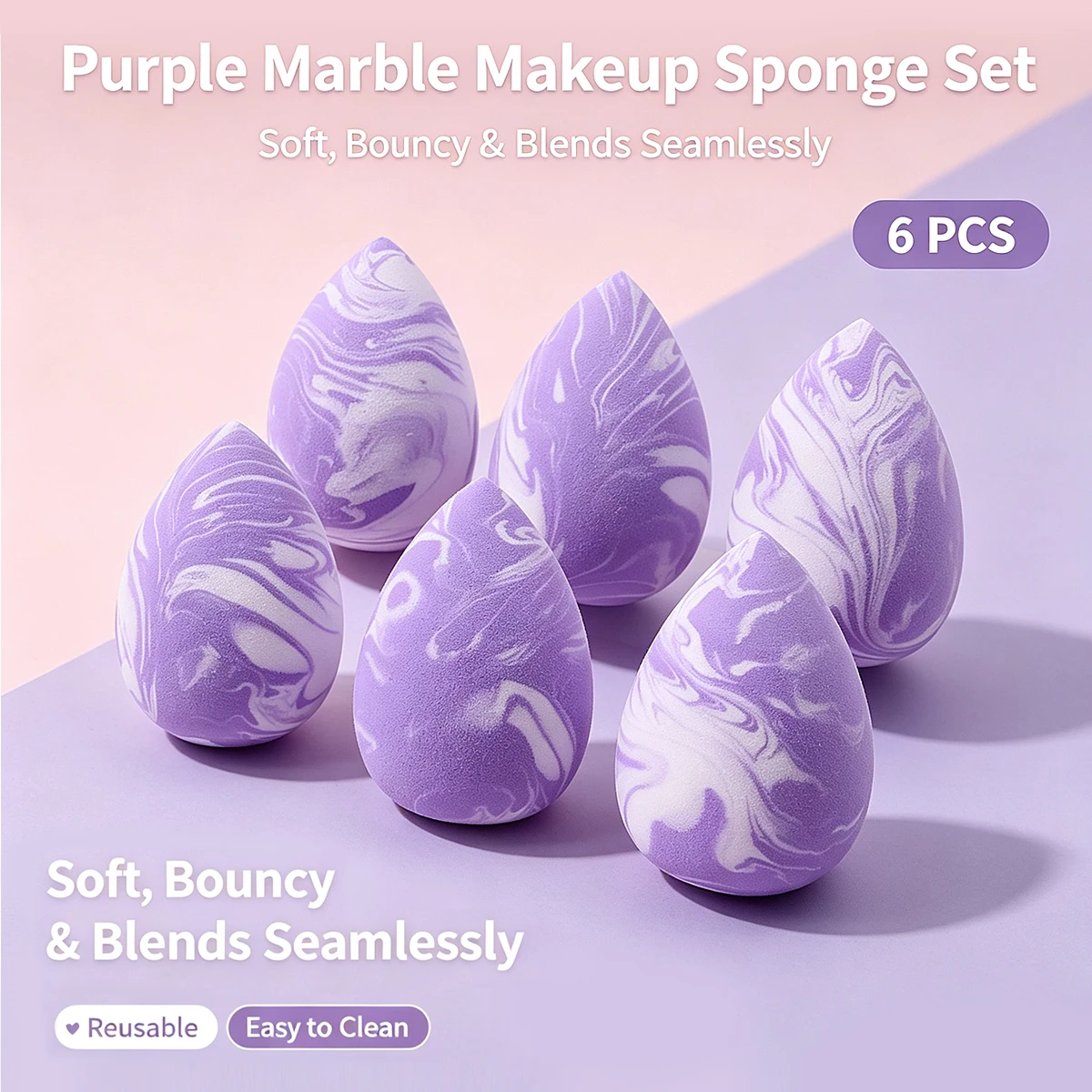 6Pcs Purple Marble Pattern Makeup Sponge Set Soft Bouncy Latex‑Free Cosmetic Blending Sponge For Foundation Cream Beauty Makeup
