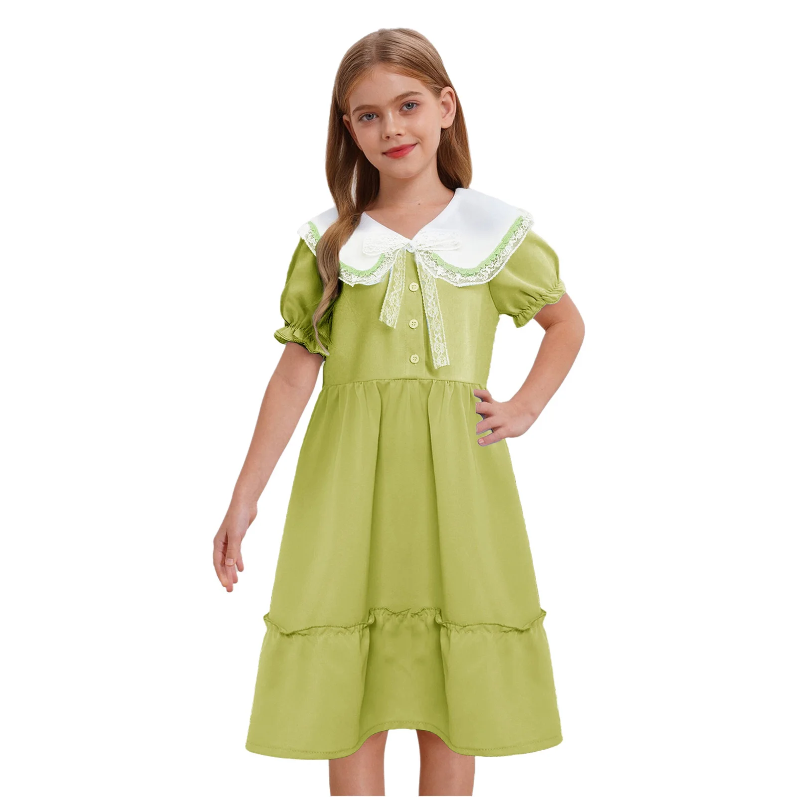 

Girl's Dress Summer Cute Lace Trim Collar Bowknot Short Puff Sleeves Ruffled Belted Dresses for Wedding Birthday Party Vacation