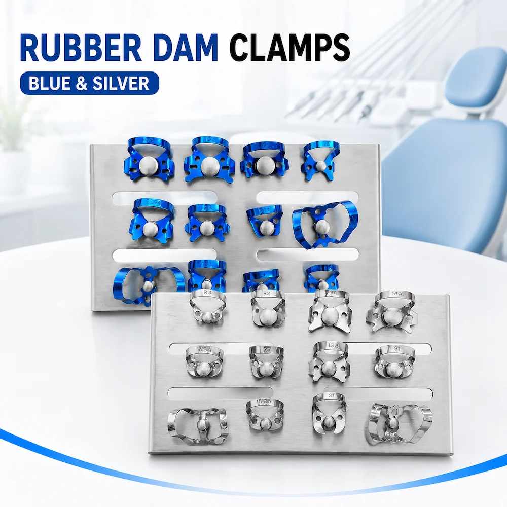 Premium Rubber Dam Clamps Holder Set, Stainless Steel Blue Coated Clips, Autoclavable Reusable Endodontic Instruments