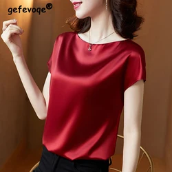 High Quality Satin Simple Solid Short Sleeve Office Lady Casual Shirts 2023 Summer Fashion Elegant Slim Top Blouse Women Blusas