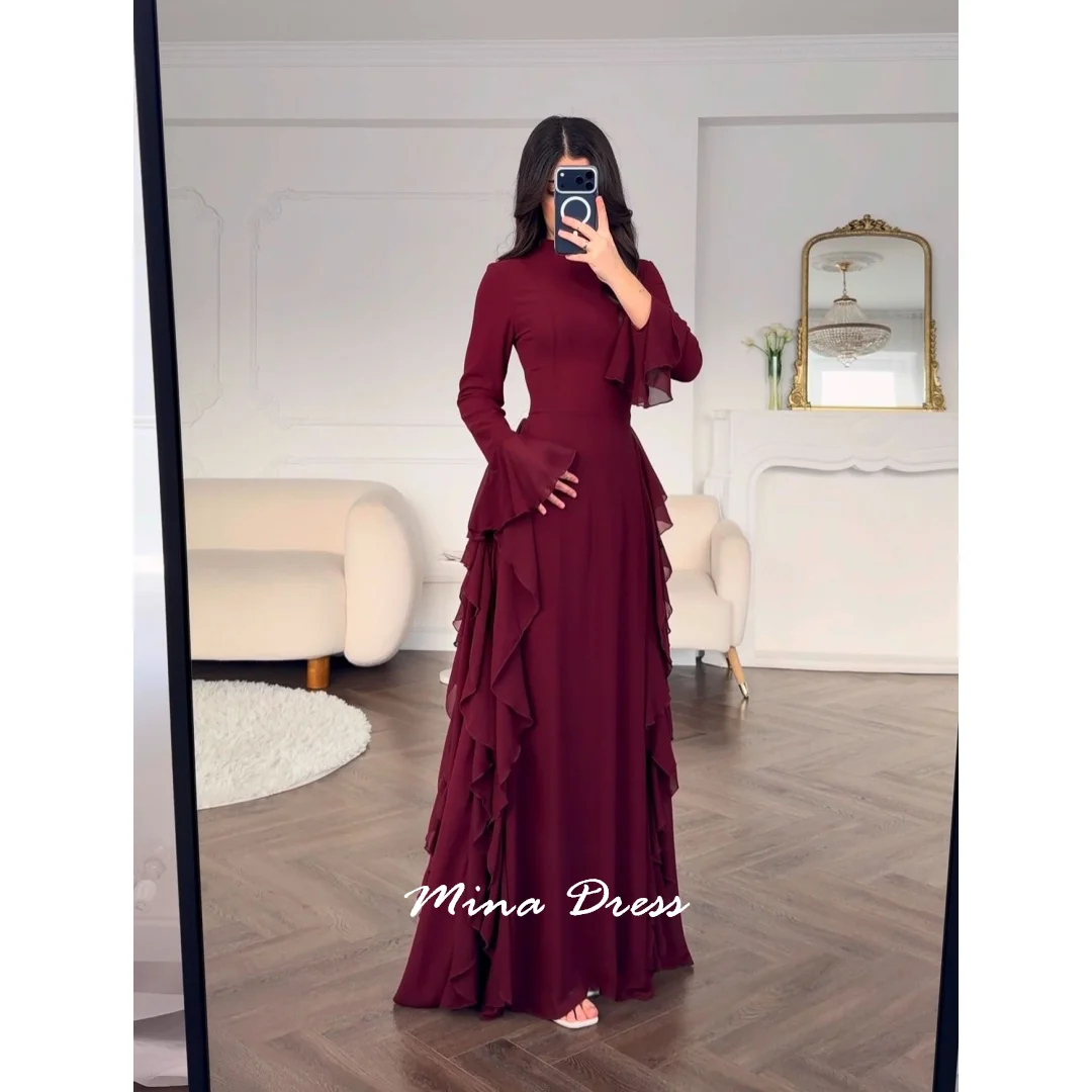 

Mina Customized Wine Red. Luxurious Women's Evening Dresses for Formal Occasions Ruffles Long Sleeves Turtleneck Prom Dress