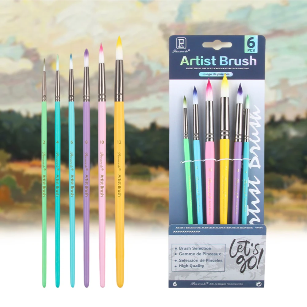 

Набор из 6 акварельных кистей с длинной эргономичной ручкой, нейлоновой щетиной, для акрила, гуаши, масла