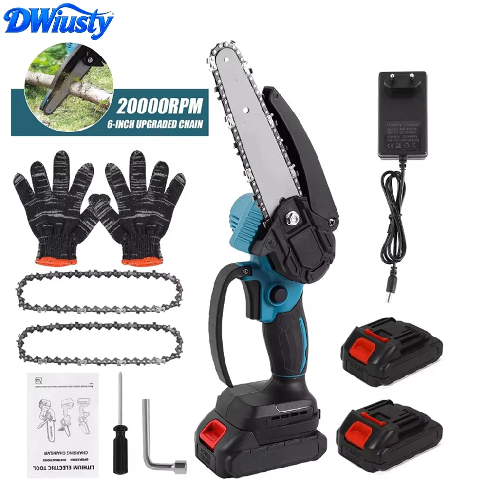 Mini tronçonneuse DWiusty 6 pouces, tronçonneuse sans fil 18V avec 0-130 ° Rotatif, protecteur, poignée confortable, moteur puissant pour la coupe d'arbres