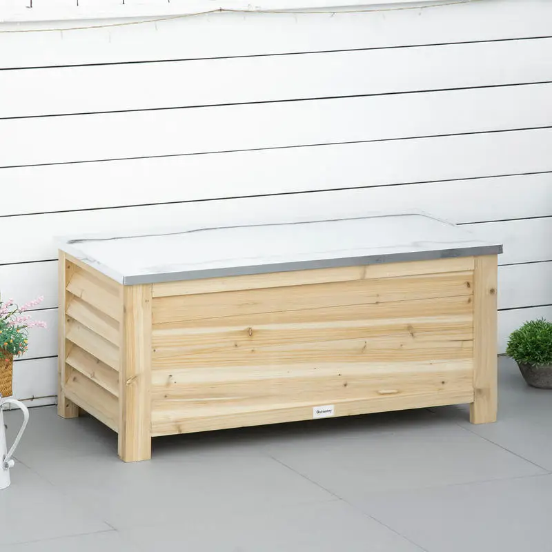Coffre de jardin en bois et couvercle en métal galvanisé 155L avec vérins - 110 x 50 x 50 cm