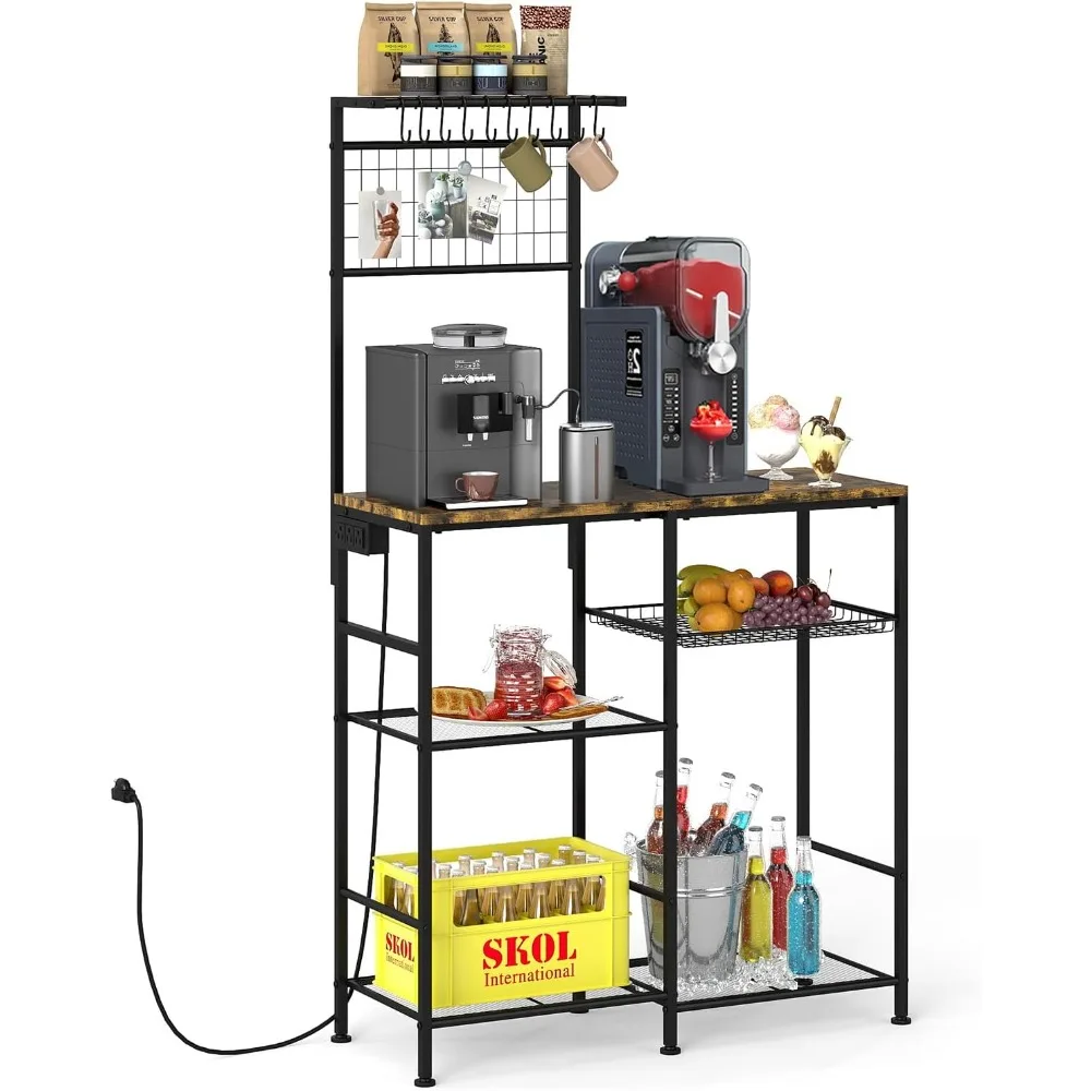 

6-Tier Coffee Bar Station with Power Outlet, Microwave Stand, S-Hooks, and Removable Basket