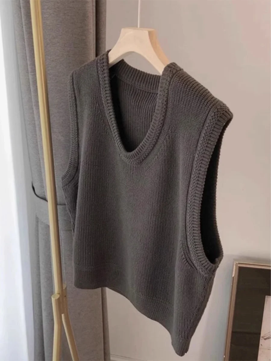 

Coffee Color Knitted Sweater Vest Women's Autumn Winter New Style Sleeveless Outerwear Tank Top V-neck Korean Style Commute