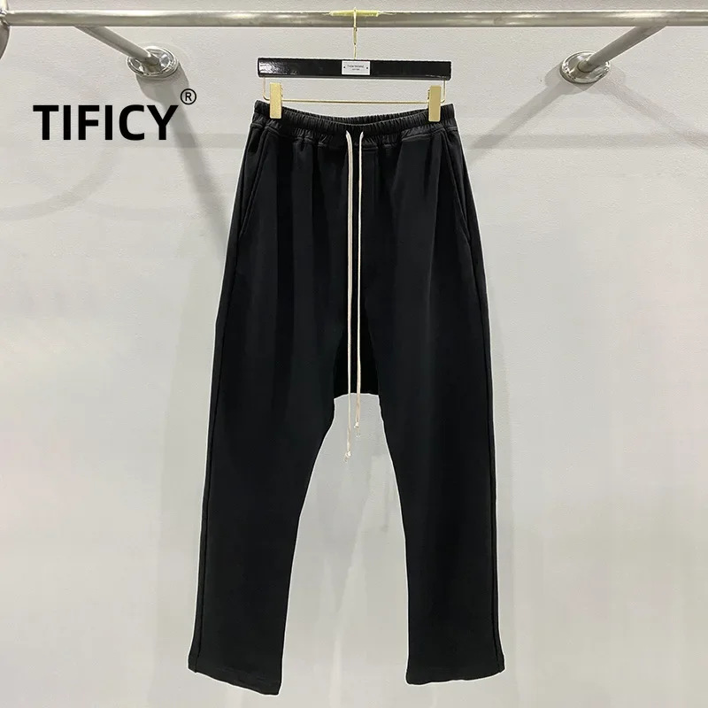 TIFICY Cotton Men's Thick Loose Hanging Guard Pants Dark Oversized Casual Pants European and American Hip-hop Sports Pants