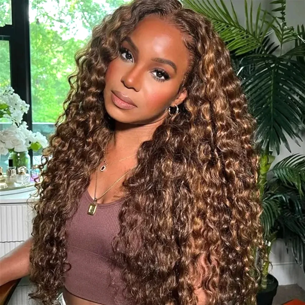 

UNice 13x4 Pre Everything Lace Frontal Piano Brown Highlight Water Wave Wig With Drawstring Peel & Stick Glueless Human Hair Wigs